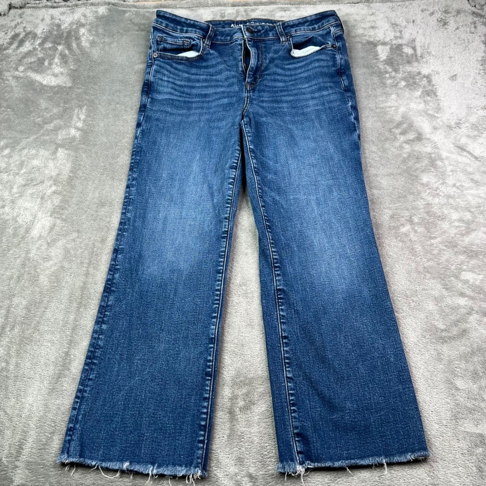 American Eagle Kick Boot Crop Jeans Womens 12 Blue Medium Wash Stretch Raw Hem